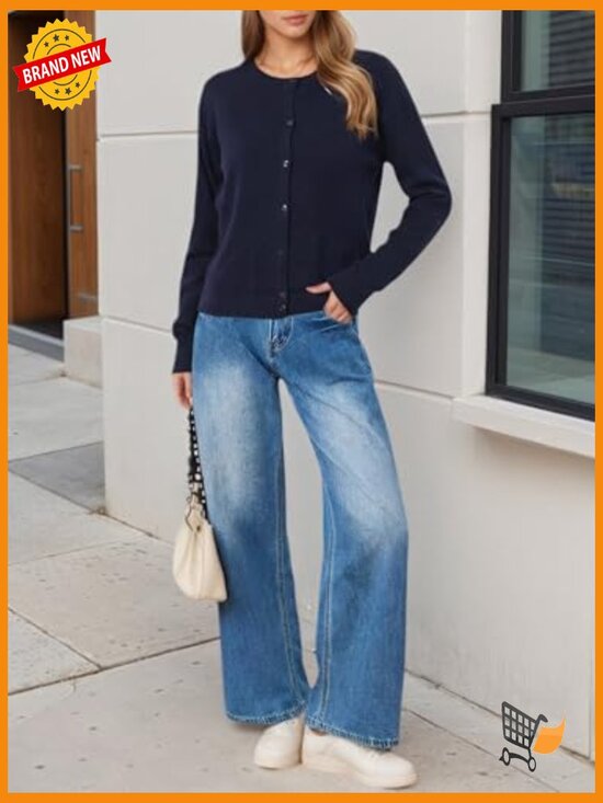 Lightweight Cropped Cardigan Sweater Long Sleeve Button Down Shrug - Picture 3 of 7